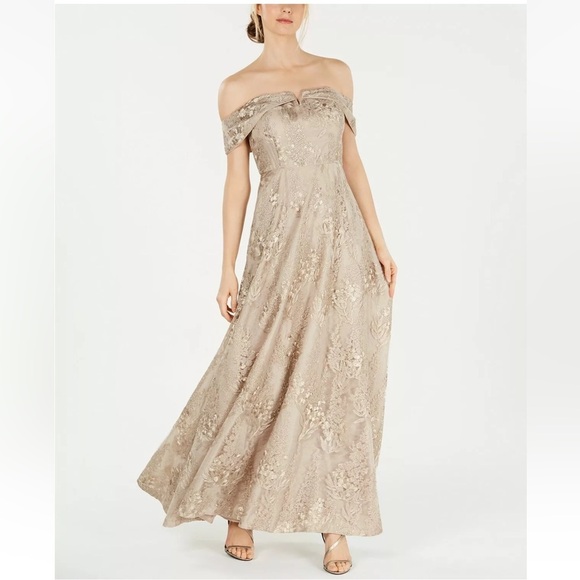 Calvin Klein embroidered off the shoulder tan gown long dress Sz 4 - Picture 1 of 10